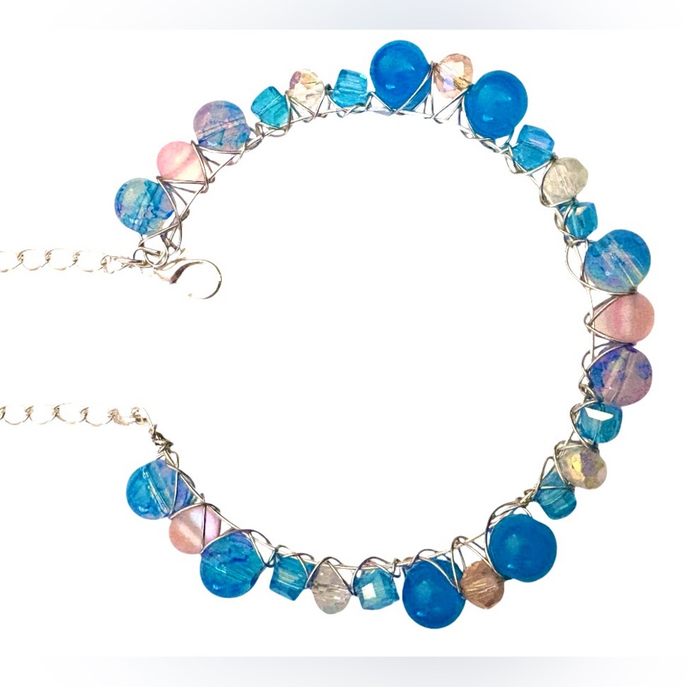 Hand Wired Bracelet with Cotton Candy Stained Glass Beads and Crystals